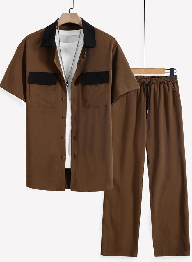 Take Two Men Brown Contrast Collar Shirt and Trousers Co-Ords - Image 1